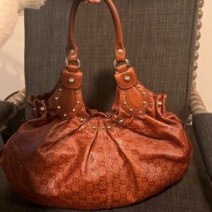 Gucci Brown Leather Shoulder Bag with Studded Details